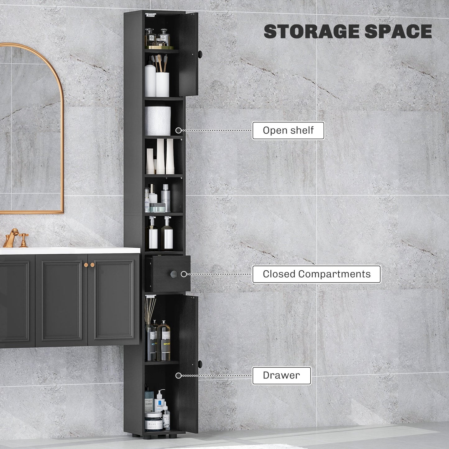 kleankin 180cm Slim Bathroom Cabinet, with Drawer, Shelves and Cupboards - Black