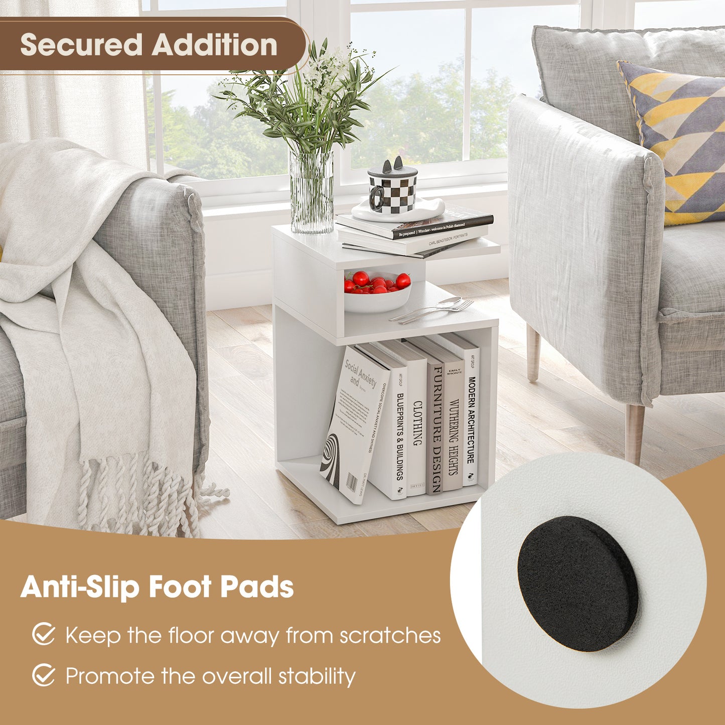 S-Shaped Side Table with 2 Open Compartments for Small Space Set of 2-White