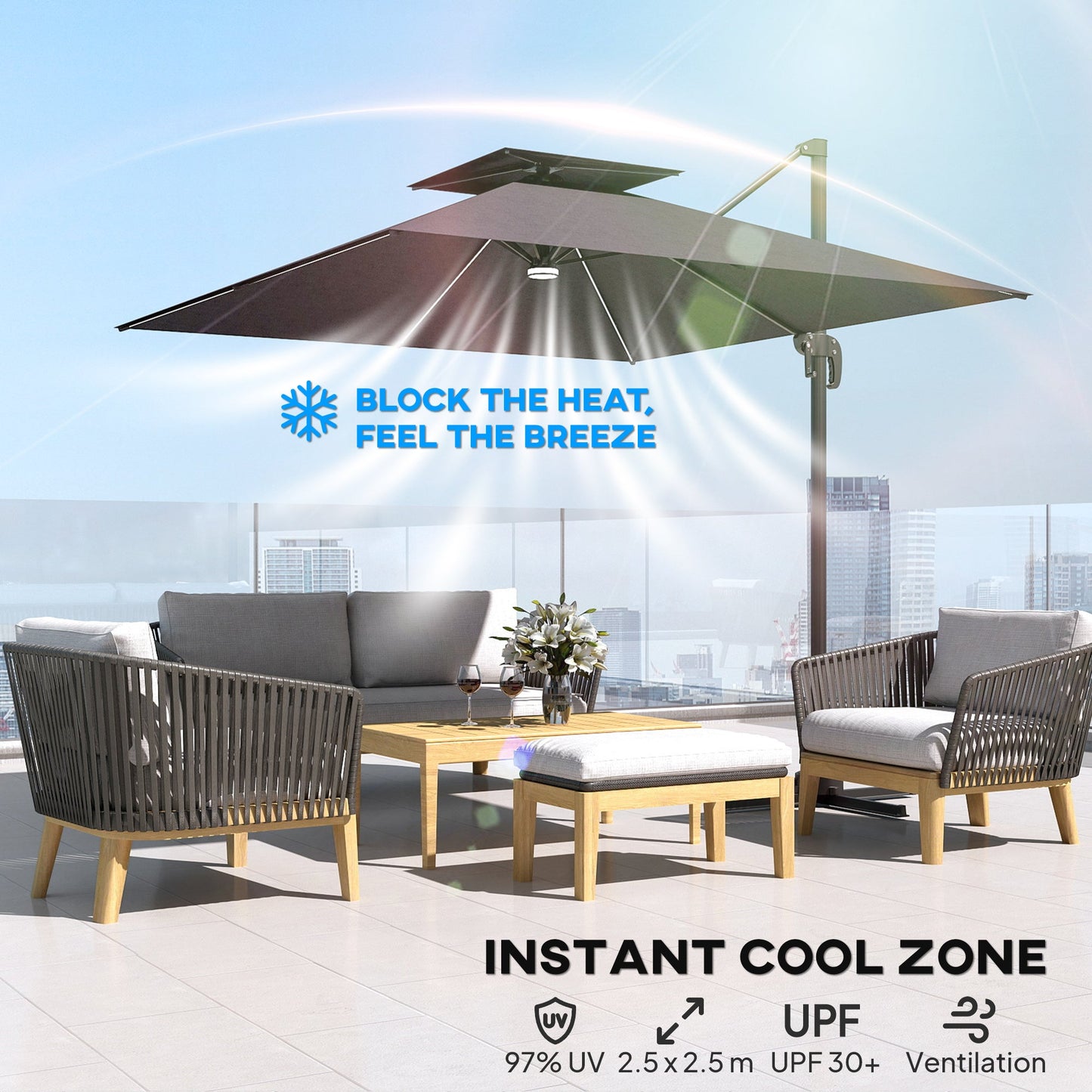 Outsunny 2,5 m parasol wspornikowy z lampami LED zasilanymi energią słoneczną, obrót 360√Ǭ∞, regulacja nachylenia, korba, ciemnoszary