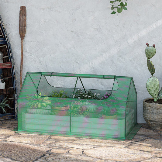 Outsunny Raised Garden Bed with Greenhouse, Steel Planter Box with Plastic Cover, Roll Up Window, Dual Use for Flowers, Vegetables, Fruits and Herbs, 185L x 95W x 92H cm, Green