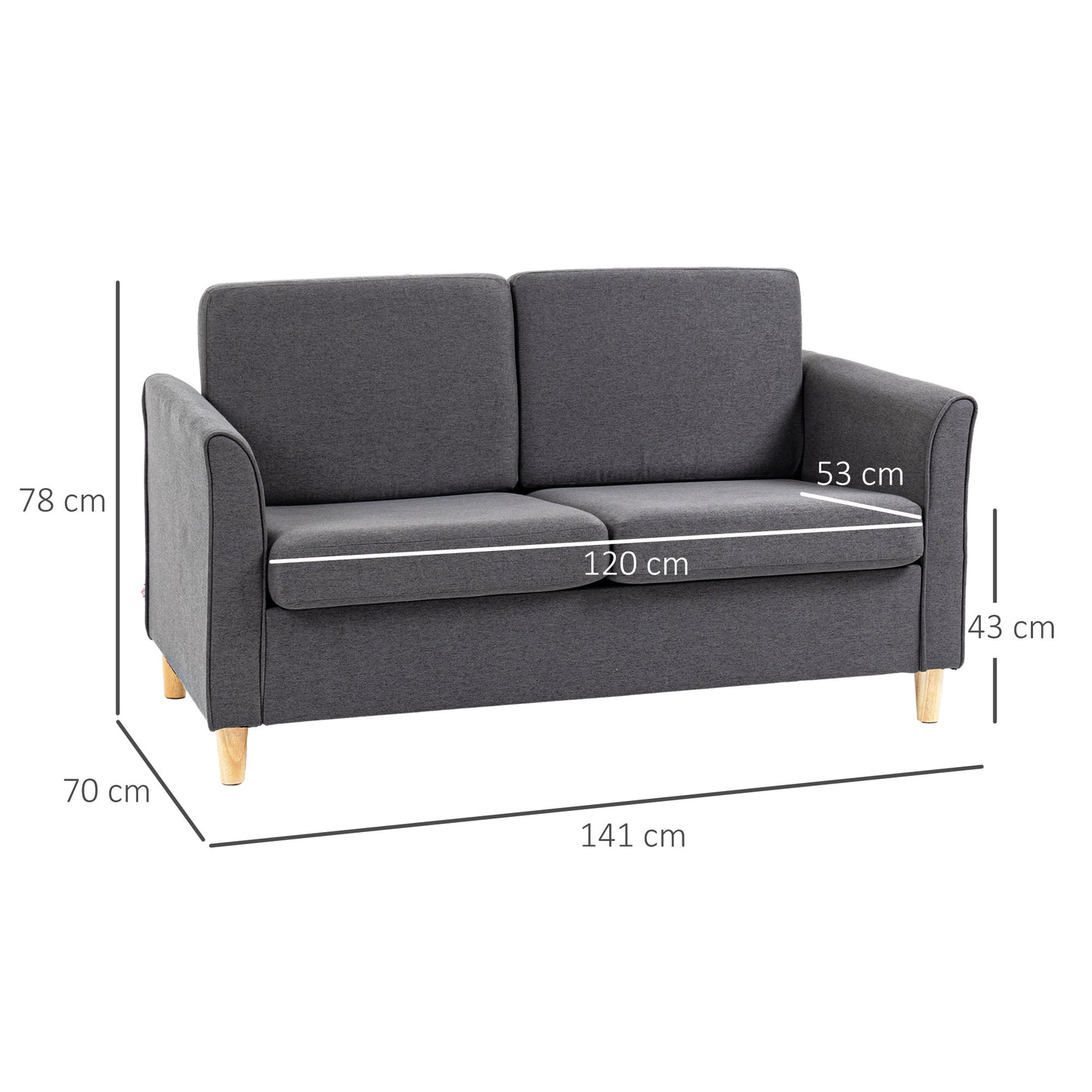 HOMCOM Kompaktowa Sofa Dwuosobowa, Nowoczesna Sofa Dwuosobowa Do Salonu Z Drewnianymi Nogami I Podłokietnikami, Ciemnoszara