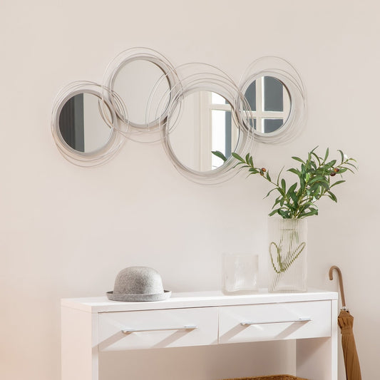 HOMCOM Metal Wall Mirrors, 107cm Modern Decorative Silver Mirror Decor Hanging, Home Wall Sculptures for Living Room Bedroom Dining Room