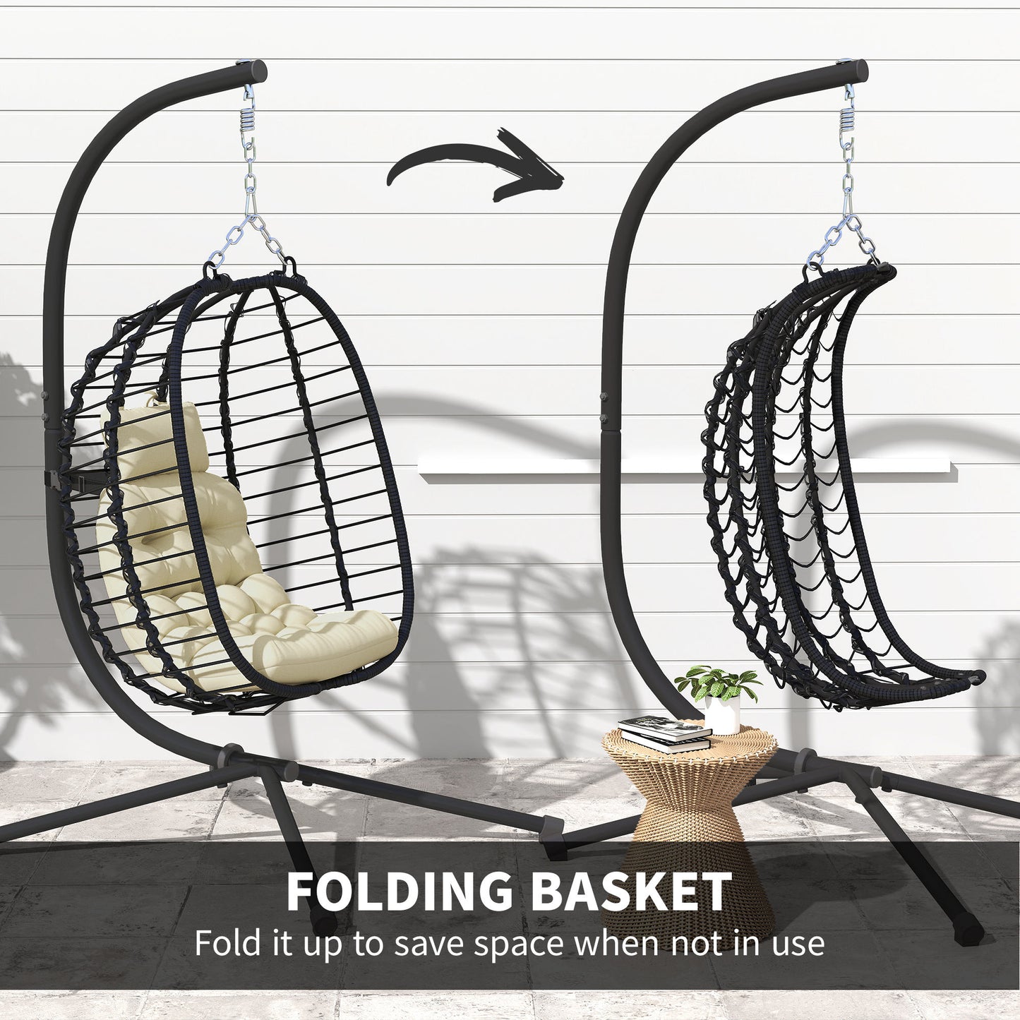 Outsunny Rattan Wiszący Fotel Jajko, Składany Wiklinowy Fotel Huśtawka Hamakowa z Poduszką, Stojak, Regulowana Wysokość, Poduszka Pod Głowę, Stalowa Rama Do Ogrodu Patio Wewnątrz Na Zewnątrz, Kremowo-Biały