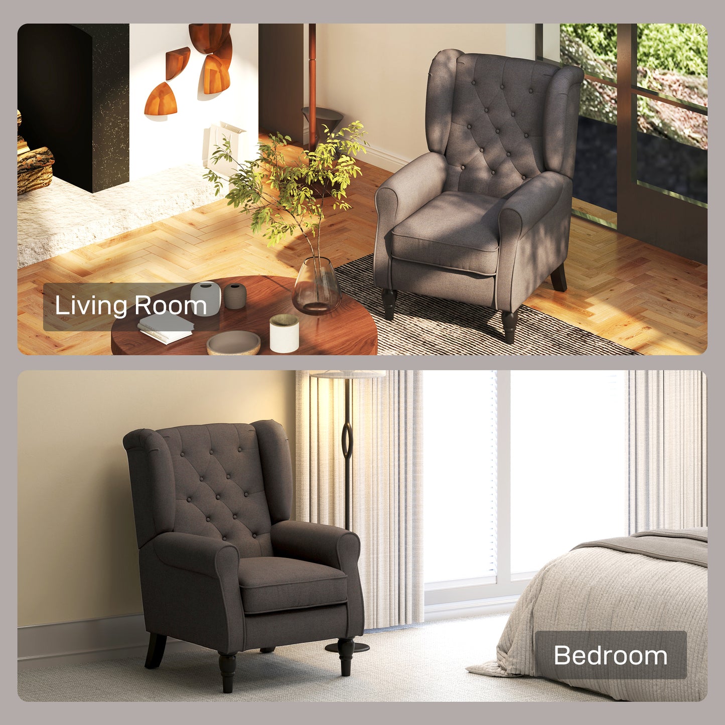 HOMCOM Retro Accent Chair, Linen Wingback Armchair with Wood Frame Button Tufted Design for Living Room Bedroom, Brown