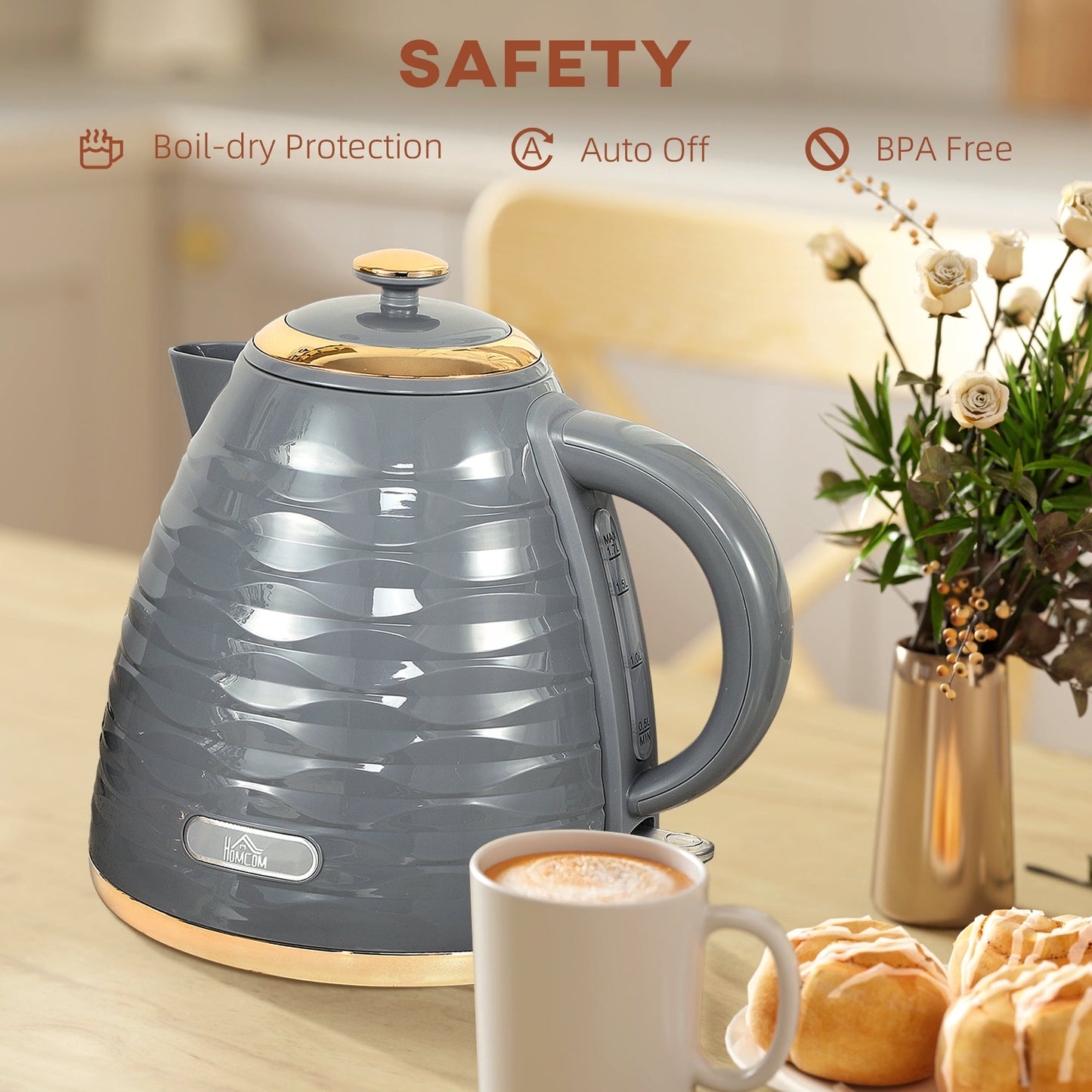HOMCOM Electric Kettle, 1.7L, Fast Boil, 3kW Water Kettle with Removable Washable Anti-scale Filter, Auto Shut-off, 360¡ Swivel, BPA Free, Grey Water Ripple Texture