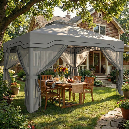 Outsunny 3 x 3.6 m Outdoor Garden Gazebo with Post Shelves, UPF50+ Patio Permanent Pavilion with Hook, Dark Grey
