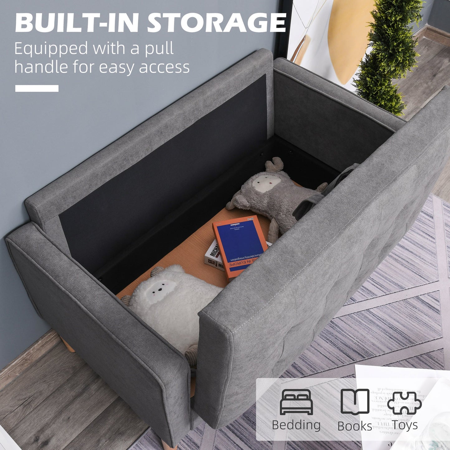 HOMCOM Nowoczesna 2-osobowa sofa z ukrytym schowkiem, 117 cm pikowana bawełniana kanapa z drewnianymi nogami, kompaktowa sofa dwuosobowa do salonu, kuchni, szara