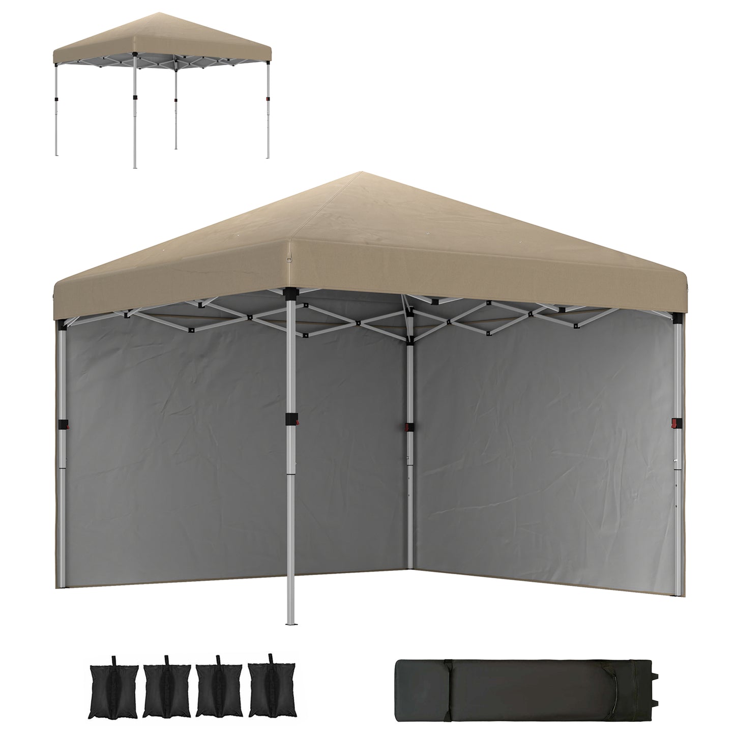 Outsunny 3 x 3 (M) Pop Up Altana, UPF 30+ z 2 ścianami bocznymi, workami na ciężarki na nogi i torbą na kółkach, namiot imprezowy z regulacją wysokości, schronienie na imprezy do ogrodu, na patio, khaki