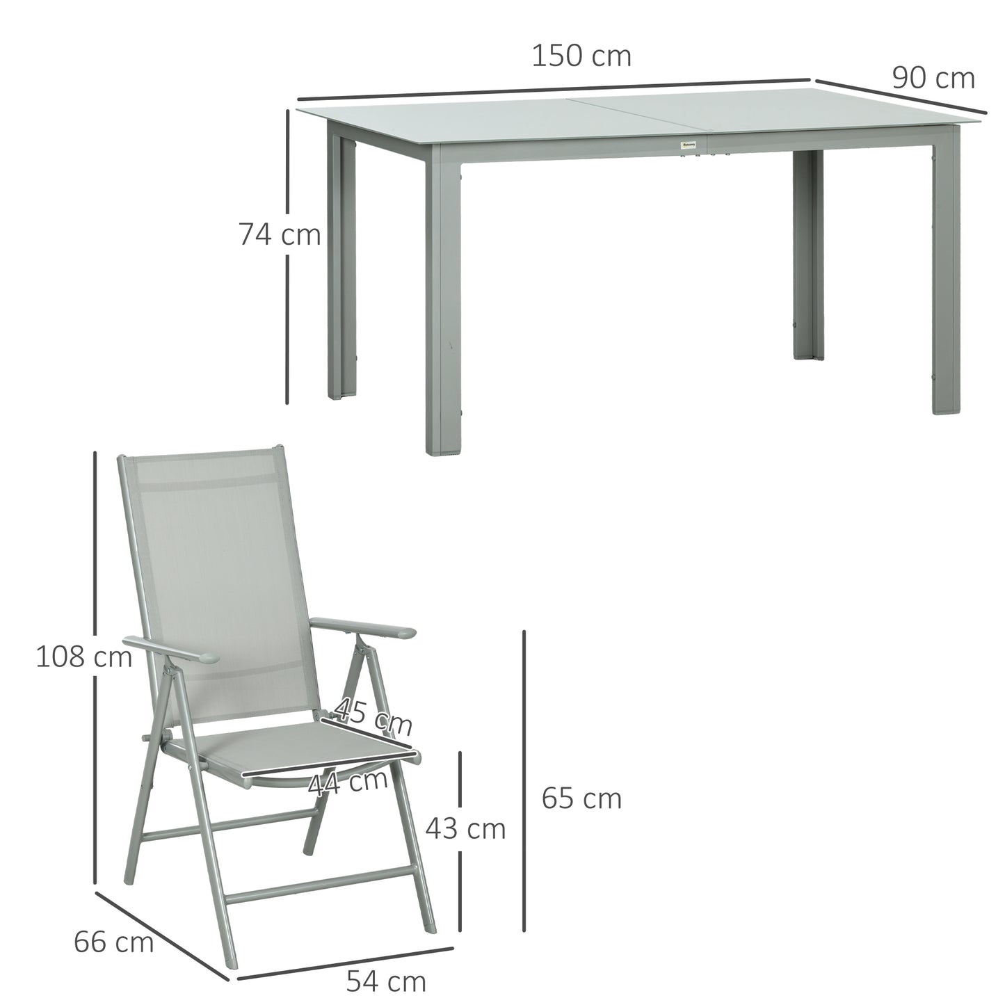 Outsunny 7-częściowy zestaw ogrodowy, stół ogrodowy i 6 składanych i rozkładanych krzeseł, aluminiowa rama, stół z blatem ze szkła hartowanego, siedziska Texteline, szary