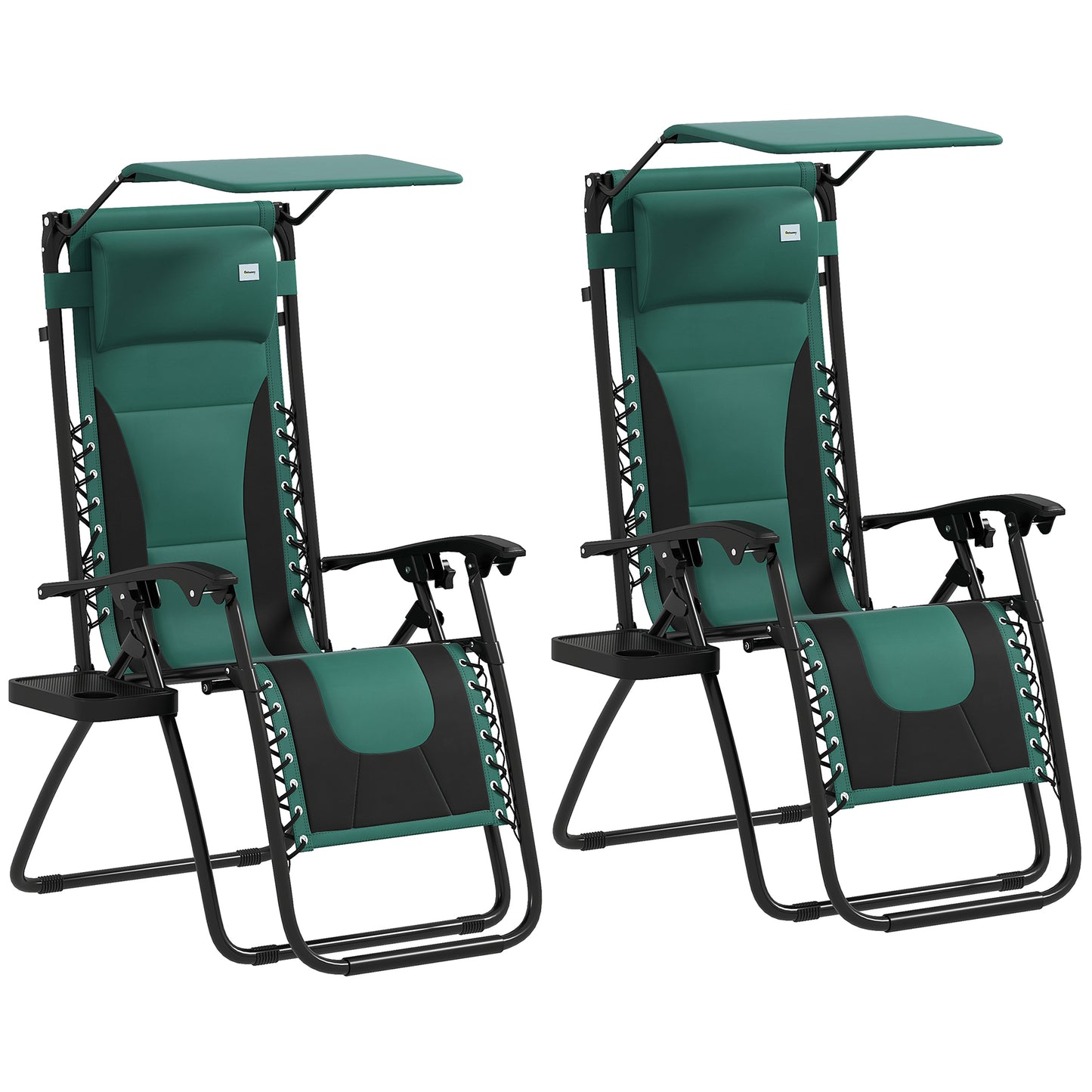 Outsunny Zero Gravity Lounger Chair Set of 2, składany rozkładany fotel ogrodowy z osłoną przeciwsłoneczną, wyściełanym siedziskiem, uchwytem na kubek, miękką poduszką i zagłówkiem do użytku przy basenie, kempingowy, zielony
