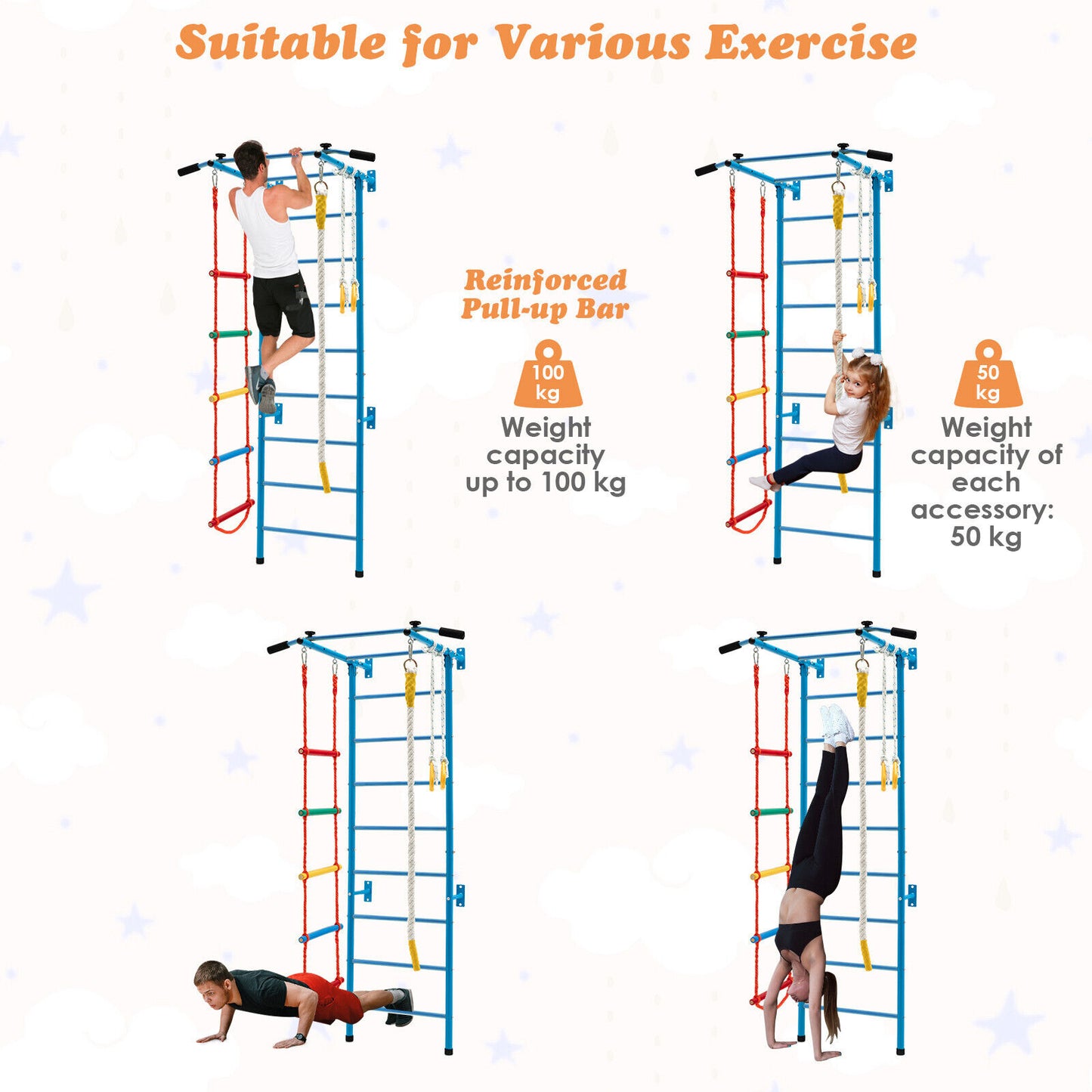 Swedish Ladder Set with Climbing Frame Pull-up Bar Ropes and Rings-Blue
