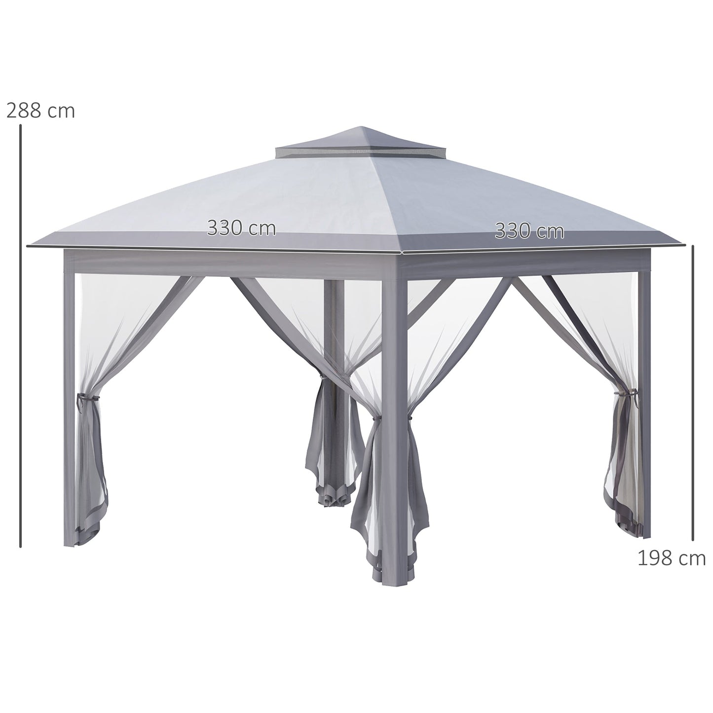 Outsunny 330cm x 330cm Pop Up Canopy, Double Roof Foldable Canopy Tent with Zipped Mesh Sidewalls, Height Adjustable and Carrying Bag, Event Tent for Patio Garden, Grey