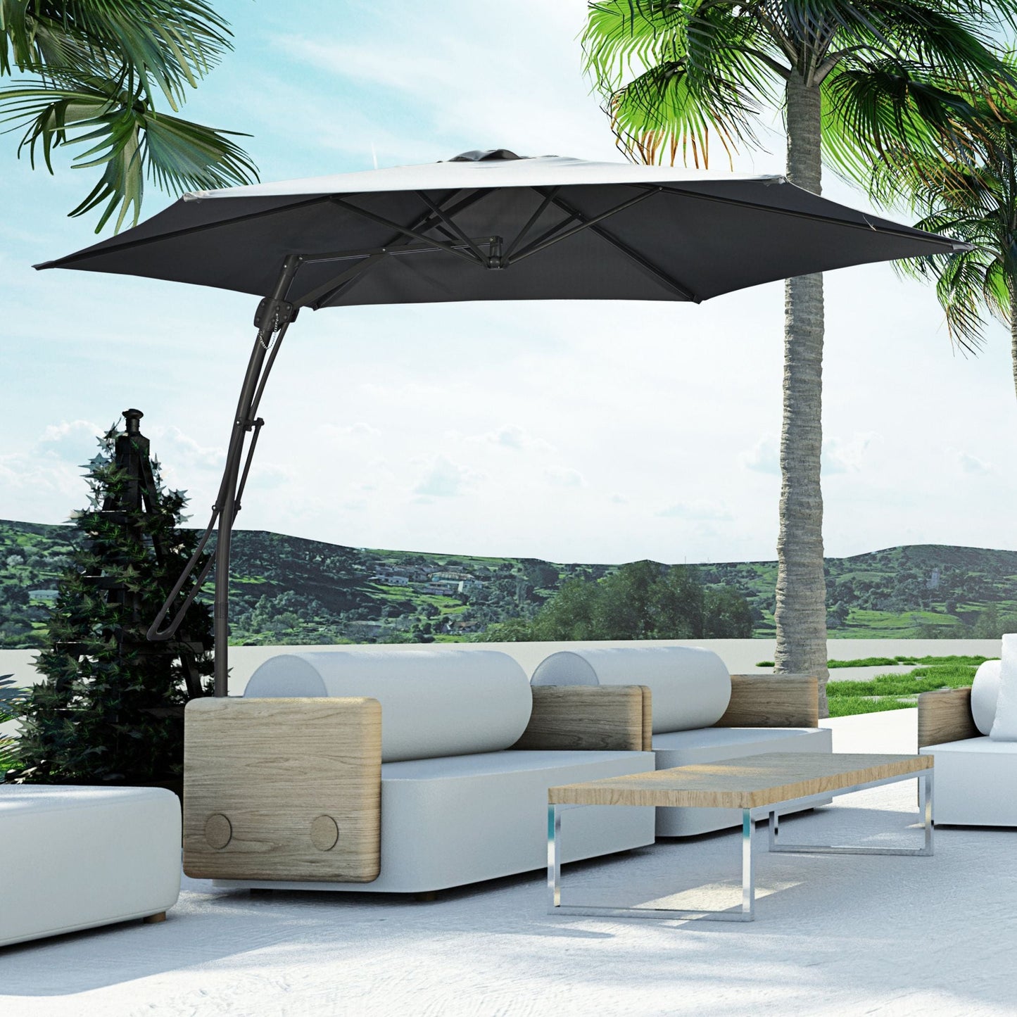 Parasol ogrodowy Outsunny 3 m z wysięgnikiem i łatwą dźwignią, z korbą, podstawą krzyżową i 6 metalowymi żebrami, markizy przeciwsłoneczne do ogrodu, kolor szary