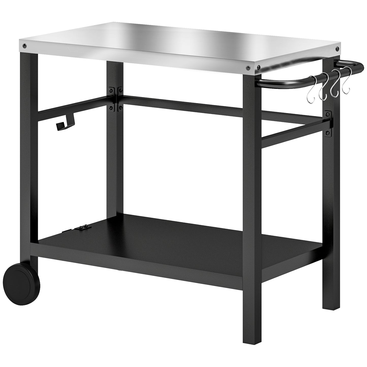 Outsunny Outdoor Grill Dining Cart 2-Shelf Movable Pizza Oven Table Stand z blatem ze stali nierdzewnej, przenośny wózek do grilla Food Prep Outdoor Kitchen BBQ Station z haczykami, kółkami i uchwytem, antracytowy
