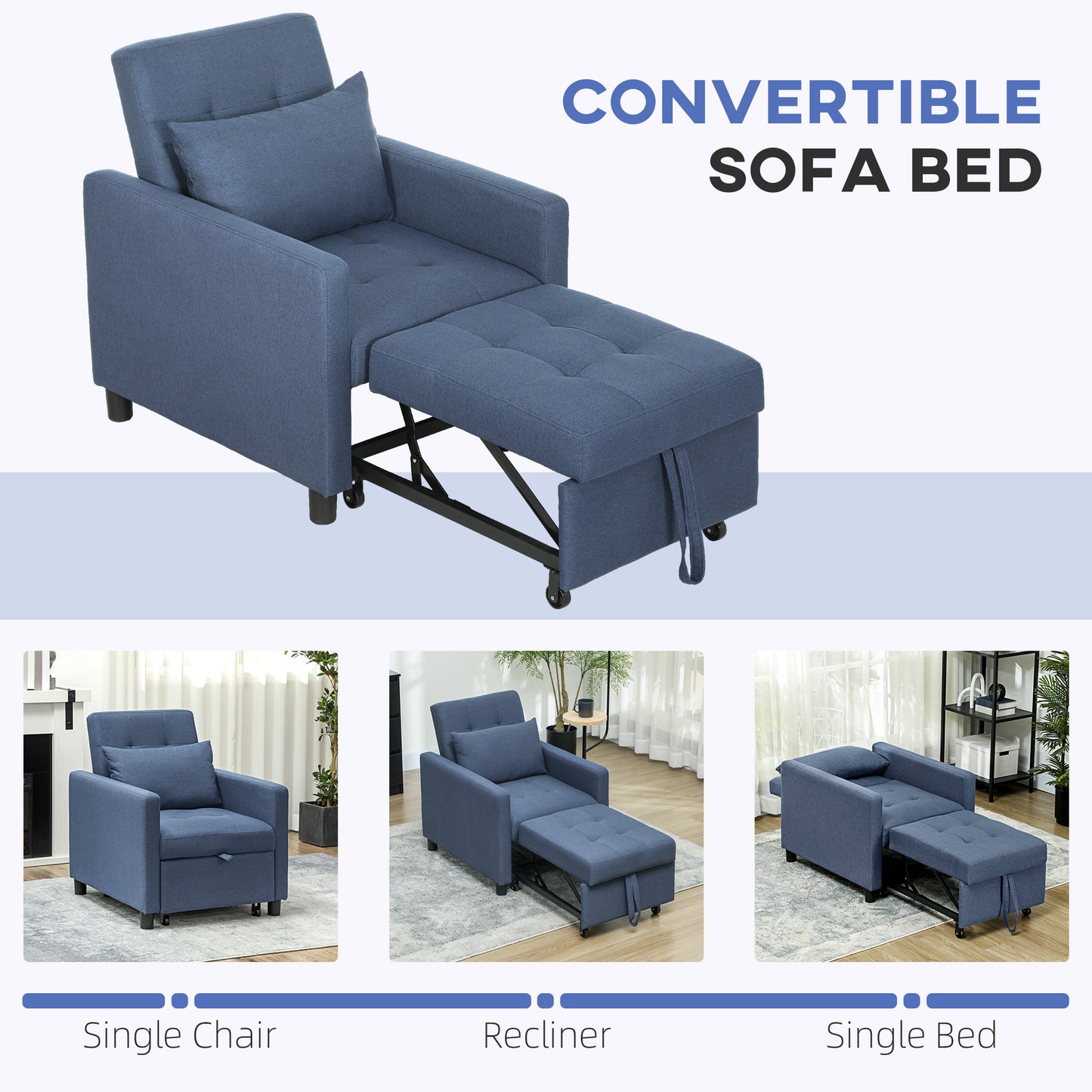 HOMCOM 3-In-1 Chair Bed, Convertible Sleeper Chair with Adjustable Backrest, Pillow and Footrest for Living Room, Blue