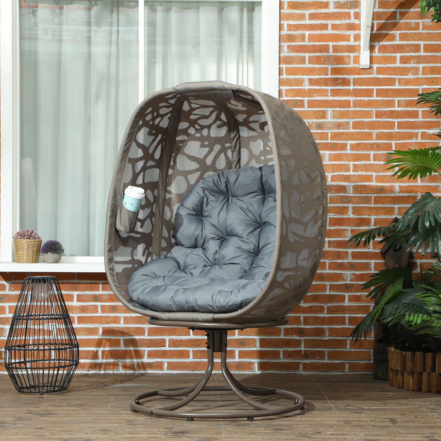 Outsunny Obrotowy fotel Egg z poduszkami, składane siedzisko koszowe i metalowa rama, fotel wypoczynkowy do wewnątrz i na zewnątrz na balkon, patio i do salonu, szary