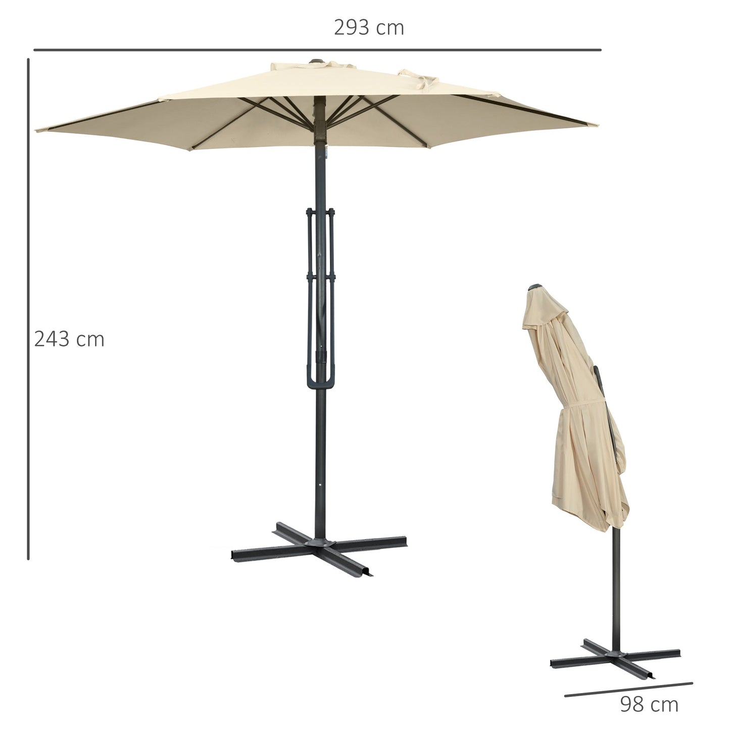 Parasol ogrodowy Outsunny 3 m z wysięgnikiem i łatwą dźwignią, z korbą, podstawą krzyżową i 6 metalowymi żebrami, markizy przeciwsłoneczne do ogrodu, białe