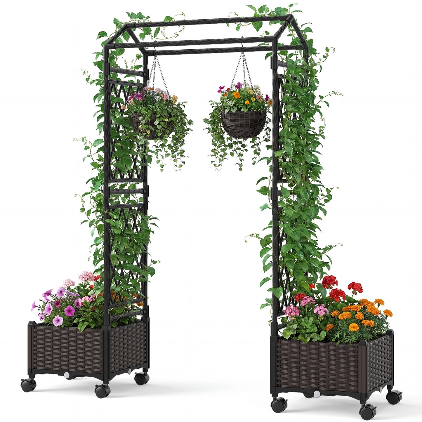 Self-Watering Planter Boxes with Lattice Trellis and Roof for Flower Herb-Brown