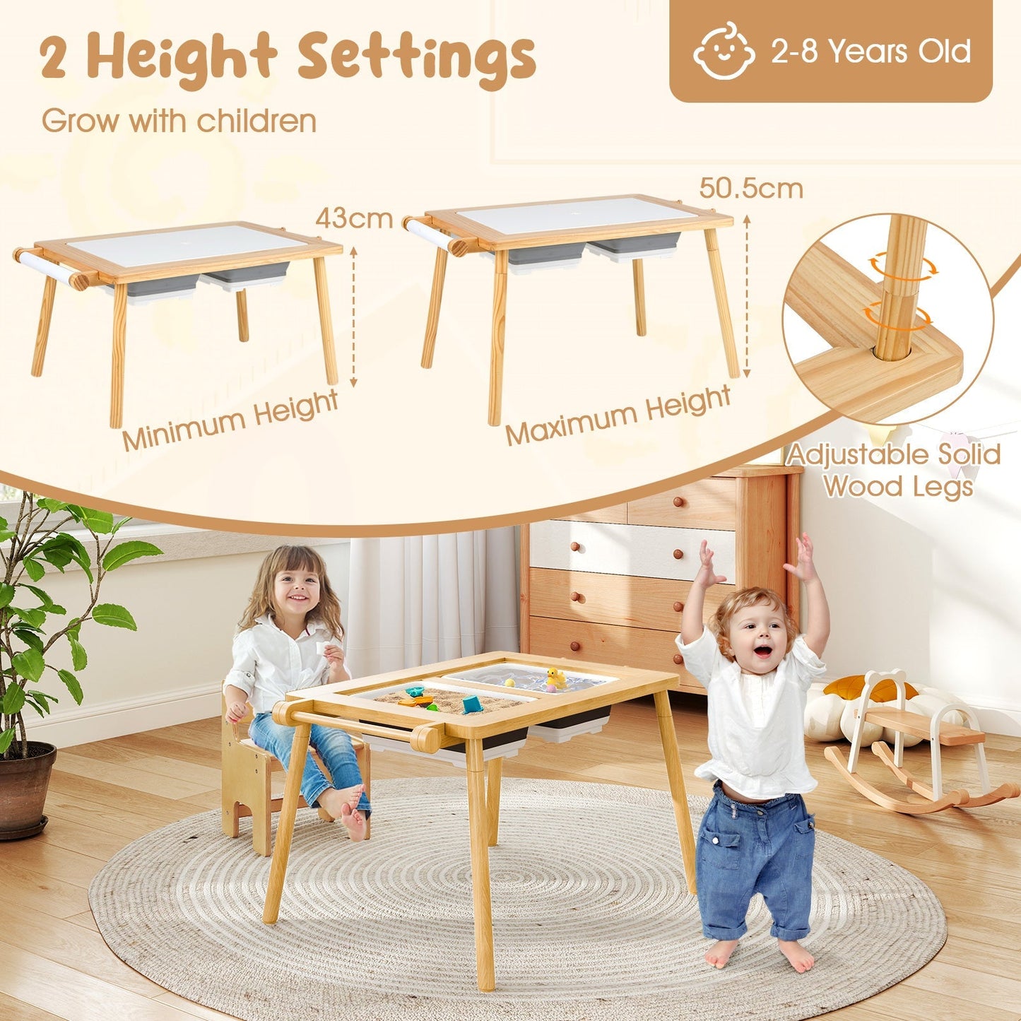 Sensory Table and Chair Set with Foldable Bins for Kids 2-8-Natural