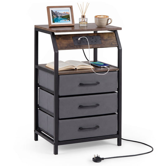Set of 1 End Table with Charging Station and 3 Fabric Drawers for Living Room