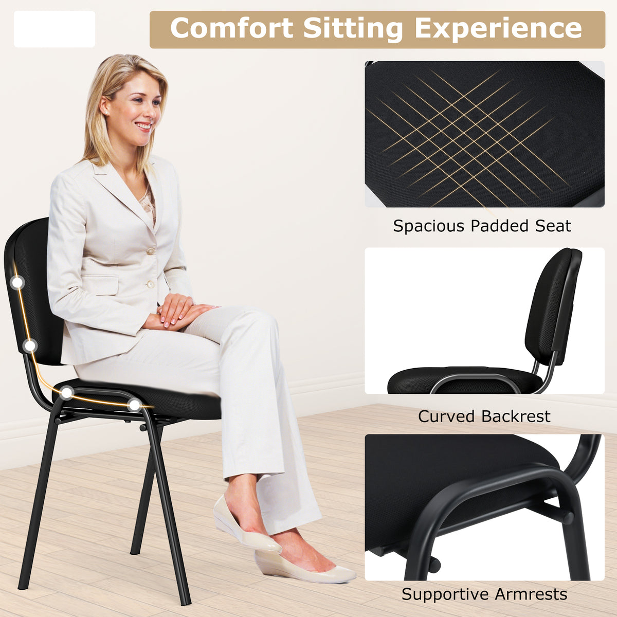 Set of 10 Stackable Home Office Chairs with Waterfall Seat and Metal Frame-Black