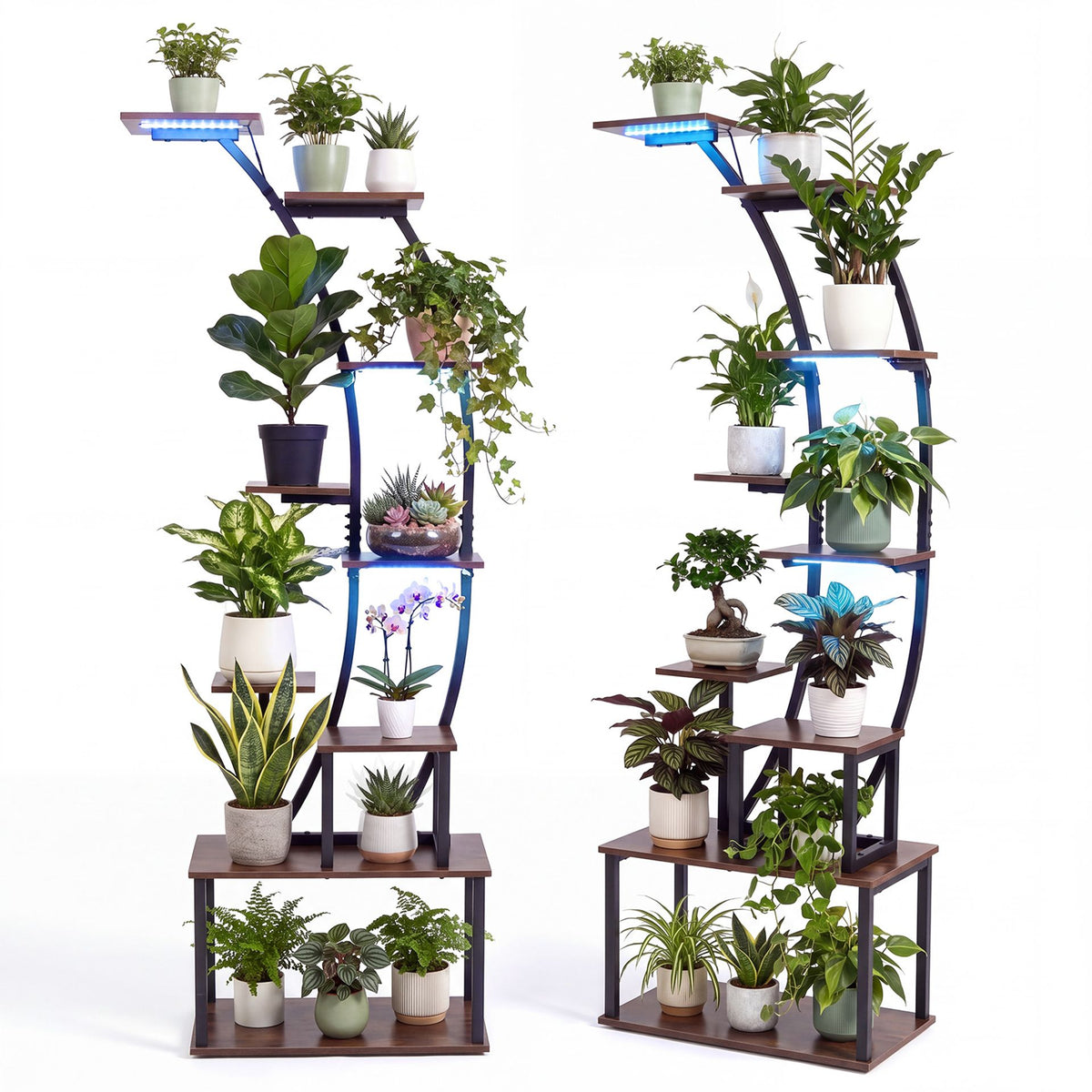 Set of 2 161 cm 9-Tier Plant Stand with Light Remote and 16 Static Colors-Rustic Brown