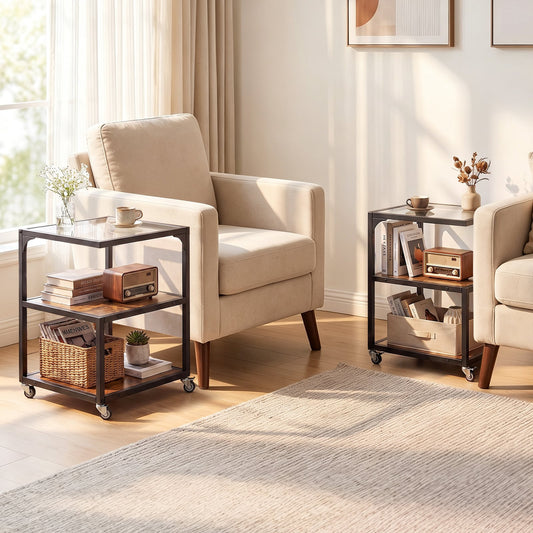 Set of 2 3‑Tier Mobile Side Table with Glass Top Rolling Open‑Corner Table-Rustic Brown
