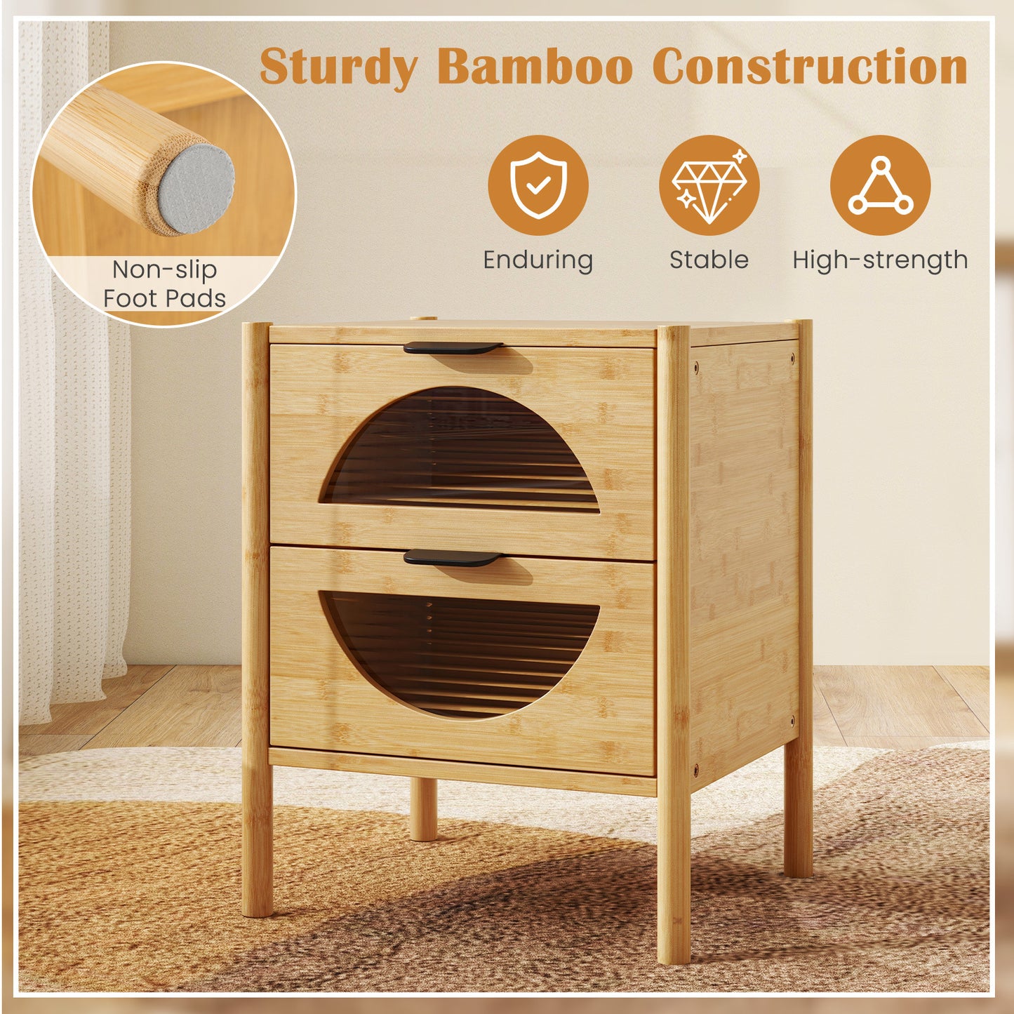 Set of 2 Bamboo Nightstand Mid-century Modern Bedside Table with 2 Storage Drawers-Natural