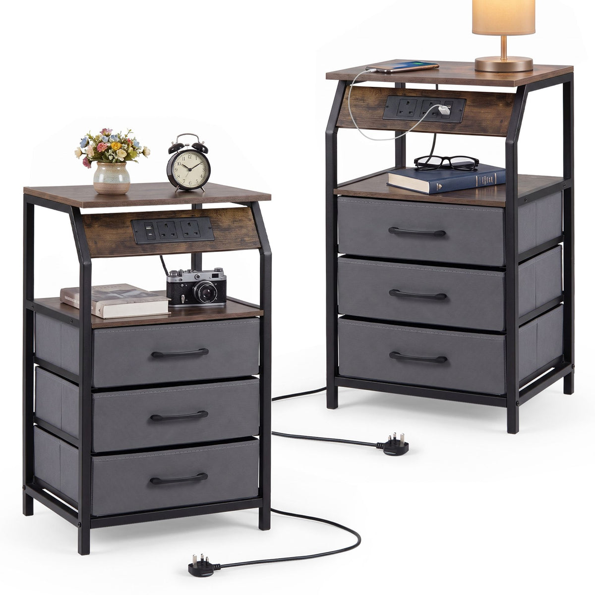 Set of 2 End Table with Charging Station and 3 Fabric Drawers for Living Room