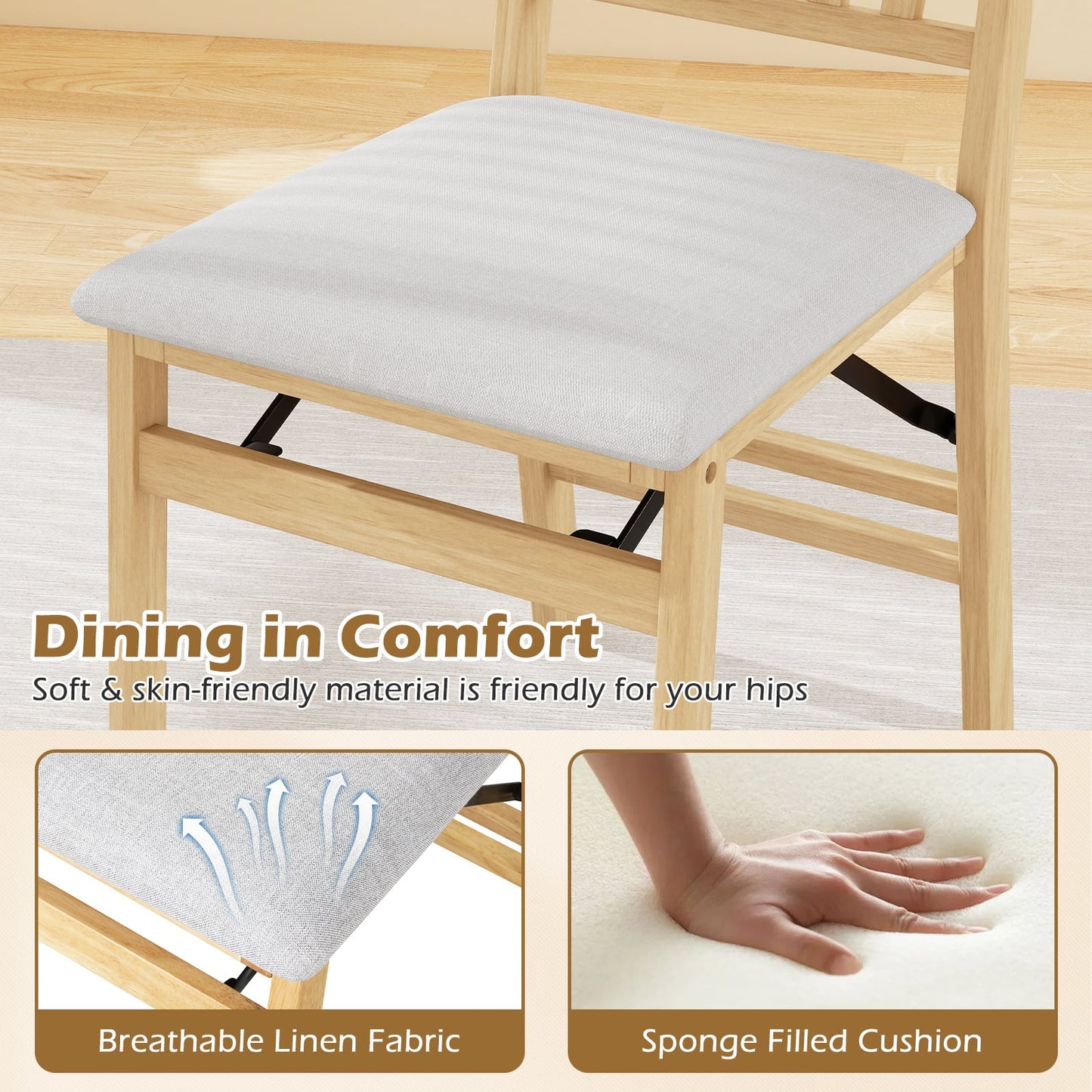 Set of 2 Folding Dining Chair with Rubber Wood Frame and Padded Seat-Light Grey