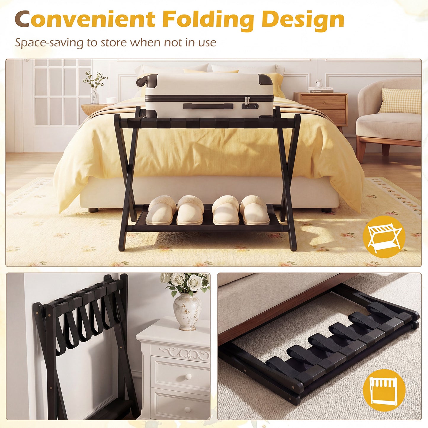 Set of 2 Folding Luggage Rack with Rubberwood Frame for Bedroom-Black