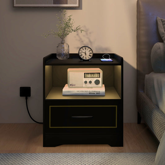 Set of 2 LED Nightstand with USB and Type-C Port-Black