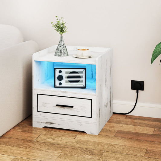 Set of 2 LED Nightstand with USB and Type-C Port-White