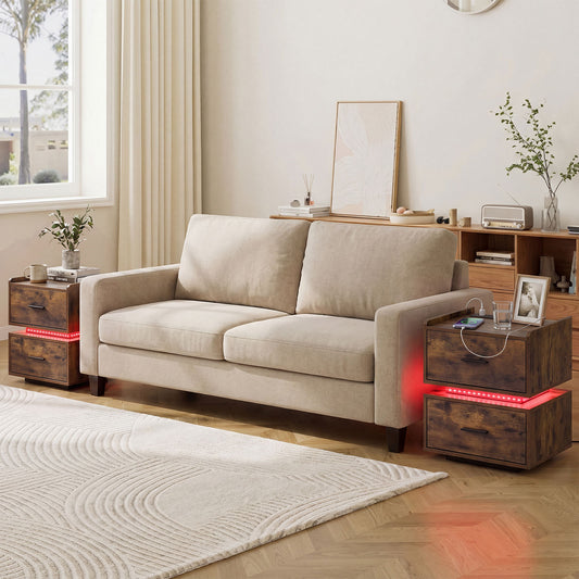 Set of 2 Nightstand with Charging Station and 2 Storage Drawers-Rustic Brown