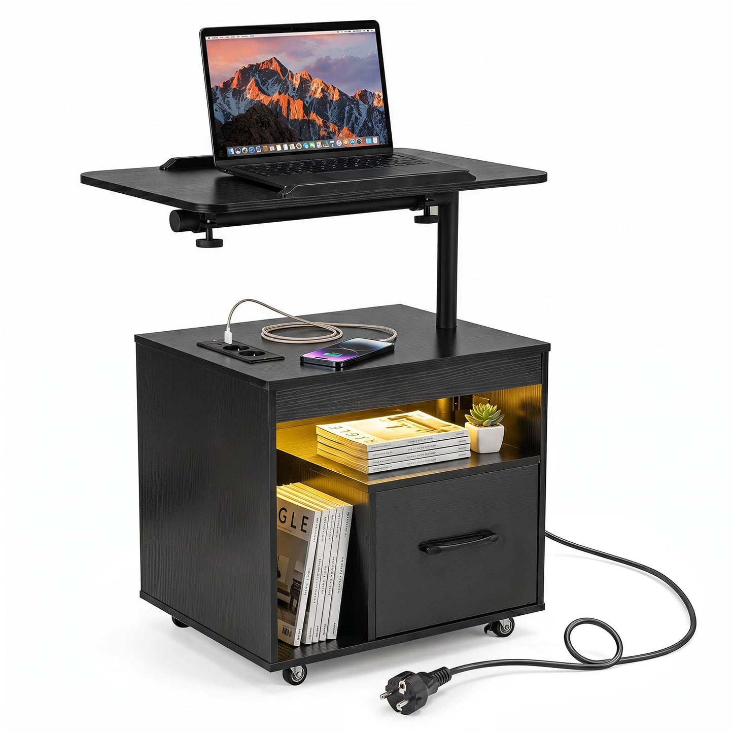 Set of 2 Nightstand with Charging Station and Rotatable Tabletop for Bedroom-Black