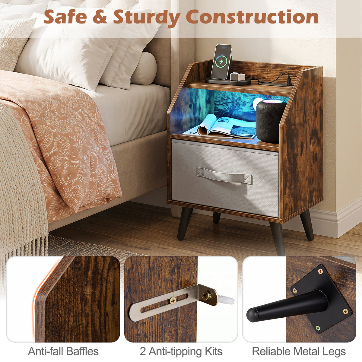 Set of 2 Nightstand with LED Lights and Power Outlets for Bedroom-Rustic Brown