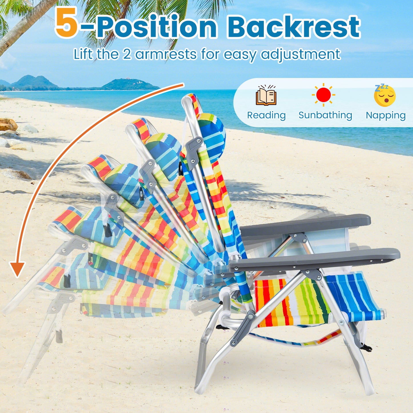 Set of 2 PortableBeach Chairs with 5-Position Backrest and Padded Headrest-Multicolor
