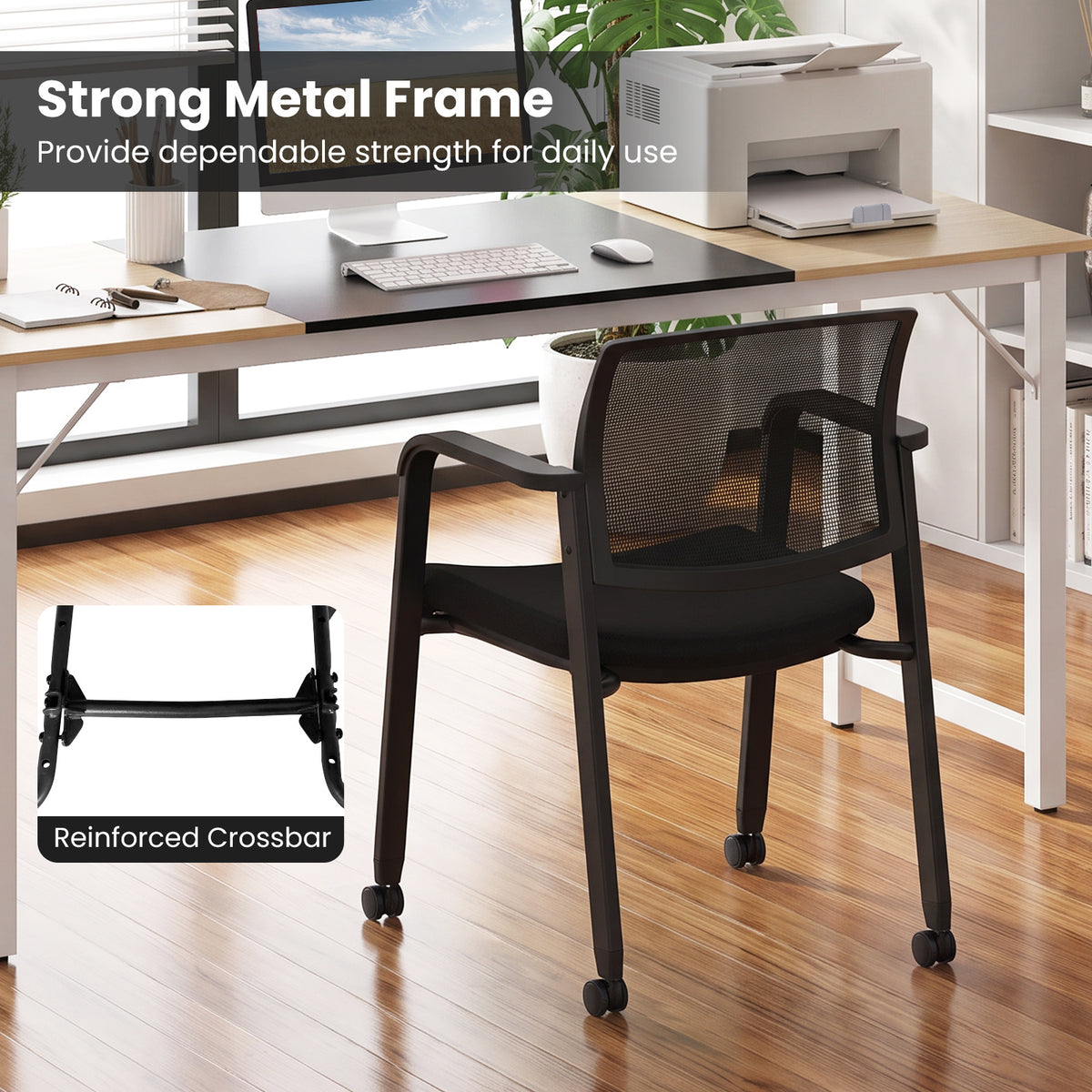 Set of 2 Stackable Conference Room Chairs with Wheels for Home Office-Black