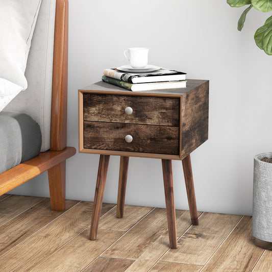 Set of 2 Wooden Nightstand with Rubber Wood Legs-Rustic Brown