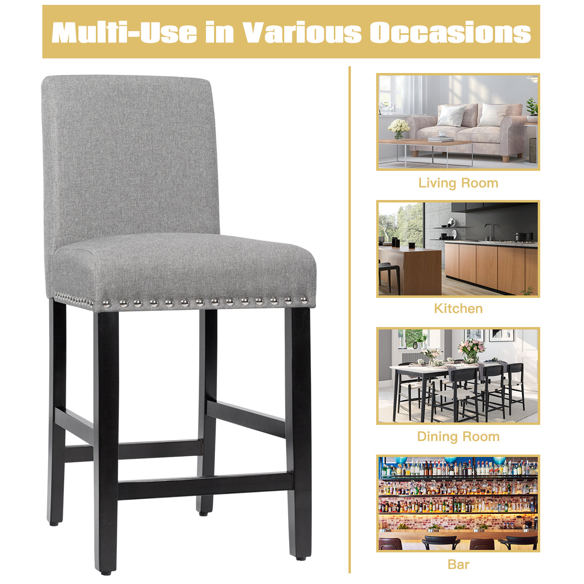 Set of 2 Bar Stool Upholstered Fabric with Low Backrest and Wide Seat-Grey