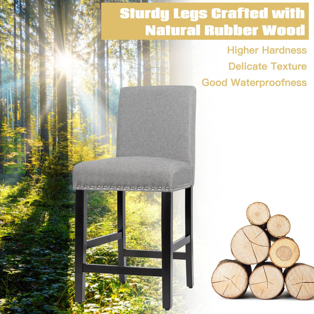 Set of 2 Bar Stool Upholstered Fabric with Low Backrest and Wide Seat-Grey