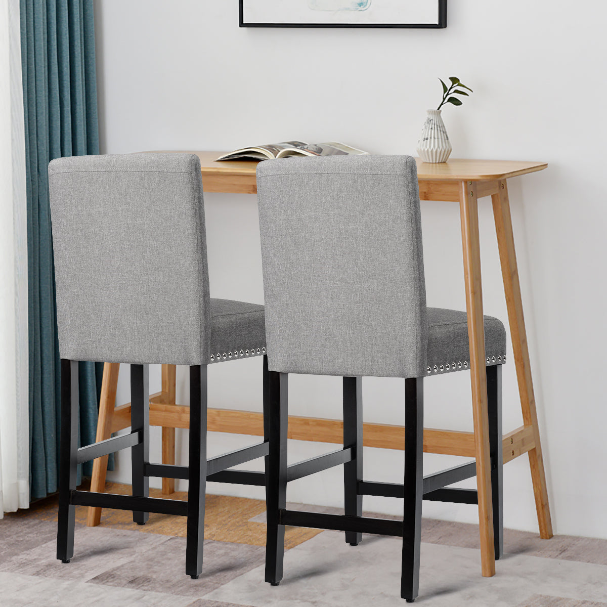 Set of 2 Bar Stool Upholstered Fabric with Low Backrest and Wide Seat-Grey