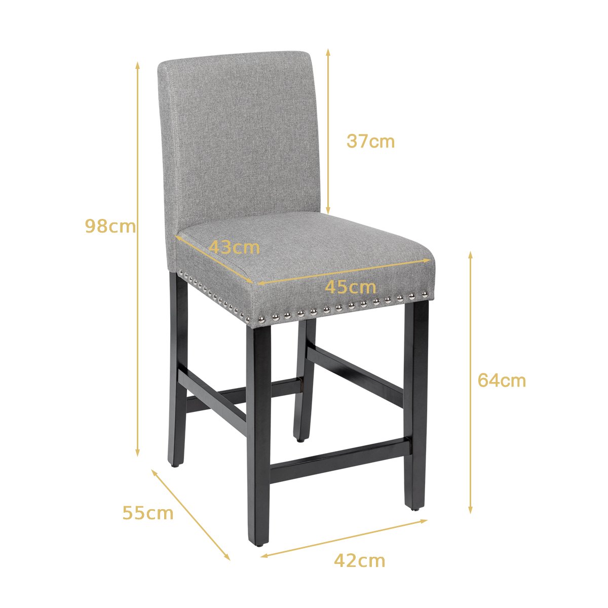Set of 2 Bar Stool Upholstered Fabric with Low Backrest and Wide Seat-Grey