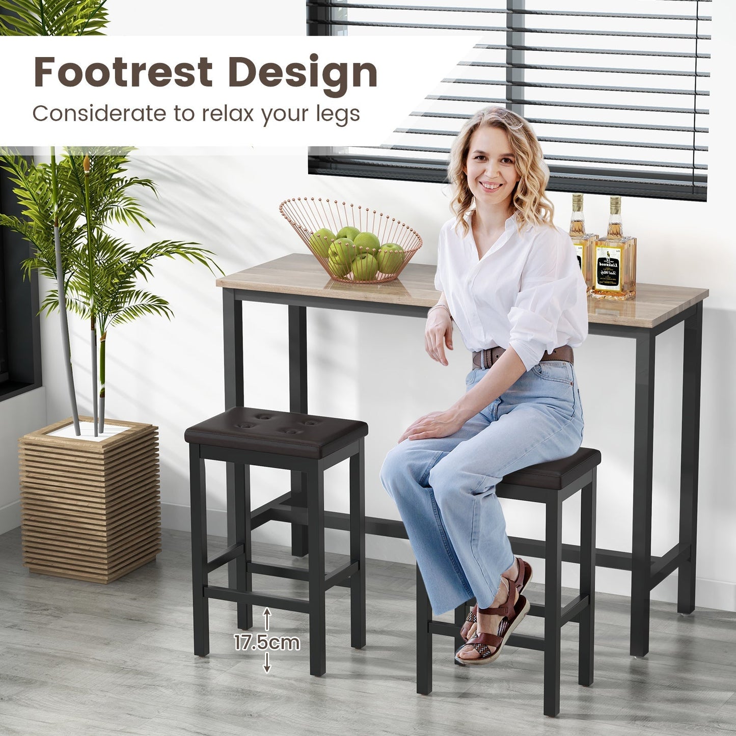 Set of 2 Bar Stools with Padded Seat and Footrest-Brown