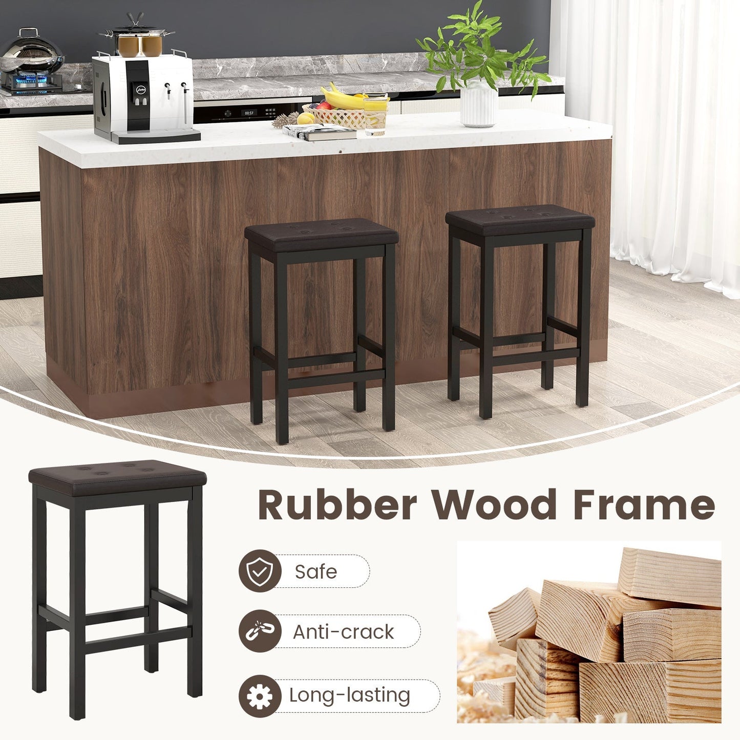 Set of 2 Bar Stools with Padded Seat and Footrest-Brown