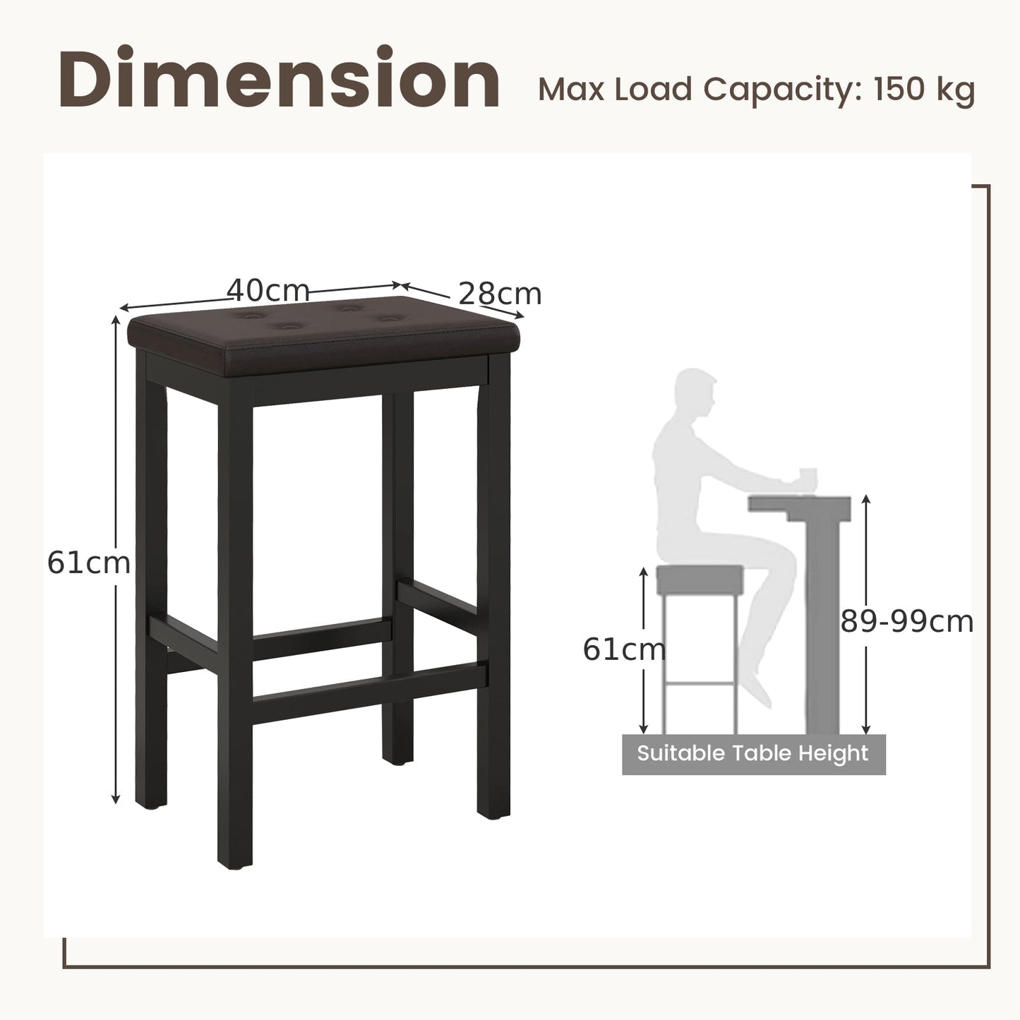 Set of 2 Bar Stools with Padded Seat and Footrest-Brown
