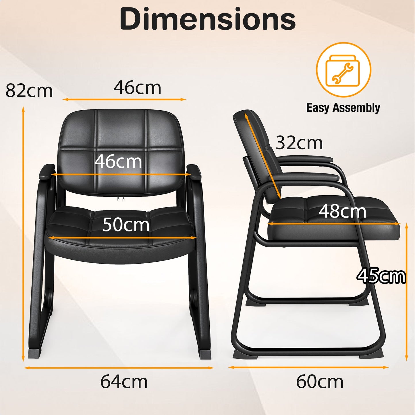 Set of 2 Ergonomic Reception Chair with Metal Frame and Padded Armrests-Black