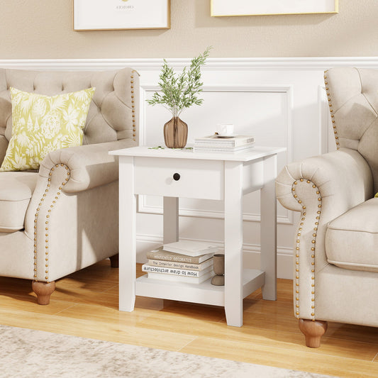 Set of 2 Nightstand with Drawer 3-Tier Modern Bedside Table-White