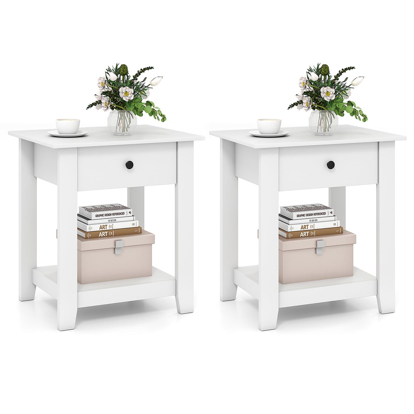 Set of 2 Nightstand with Drawer 3-Tier Modern Bedside Table-White