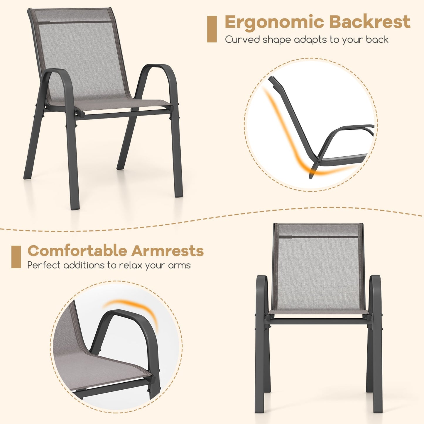 Set of 2 Patio Stackable Metal Dining Chairs with Armrests-Grey